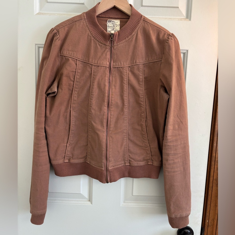 Anthropologie Tulle Brown Bomber Utility Jacket ribbed sleeves cropped wms sz L